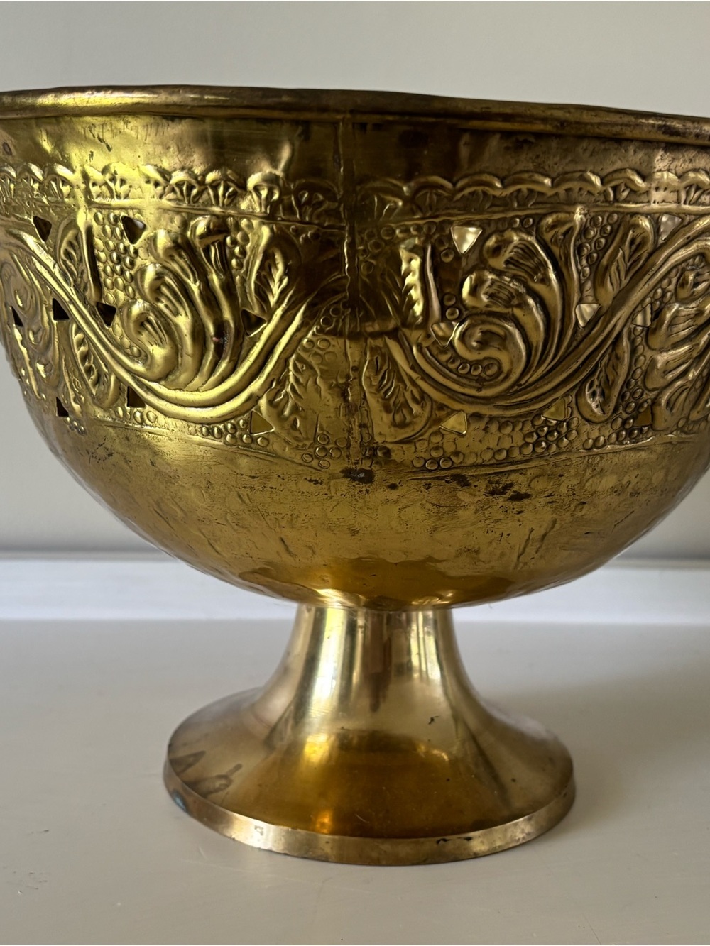 Brass Pedestal Bowl with Embossed Floral Motif - Gold Tone